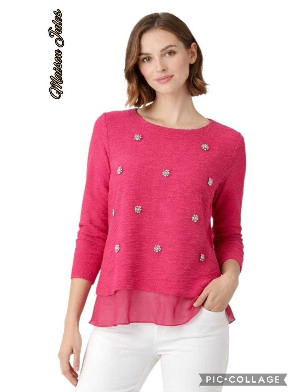 Maison Jules fuchsia sweater sheer hem rhinestone embellished sz x-lrg nwts